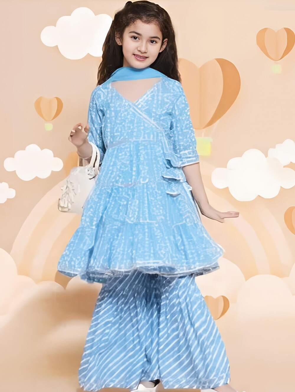 Light Blue Printed Girls' V-Neck Tunic with Silver Trim